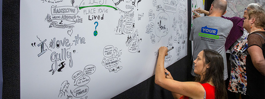 Image of a person writing on an ideas board at a Your Neighbourhood event
