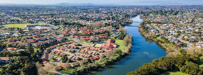 Aerial image of the Waikato River in Hamilton
