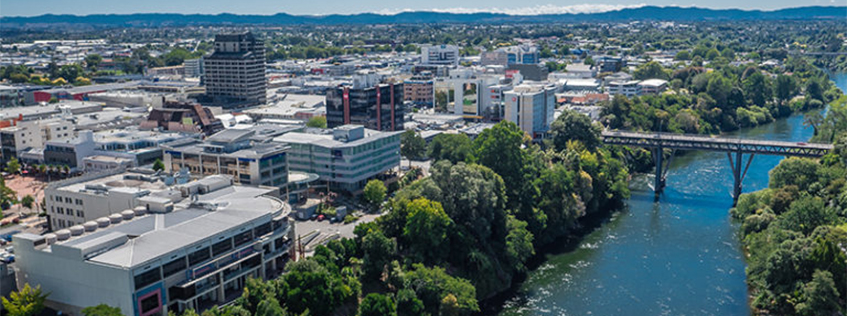 Aerial image of the Hamilton CBD and Waikato River