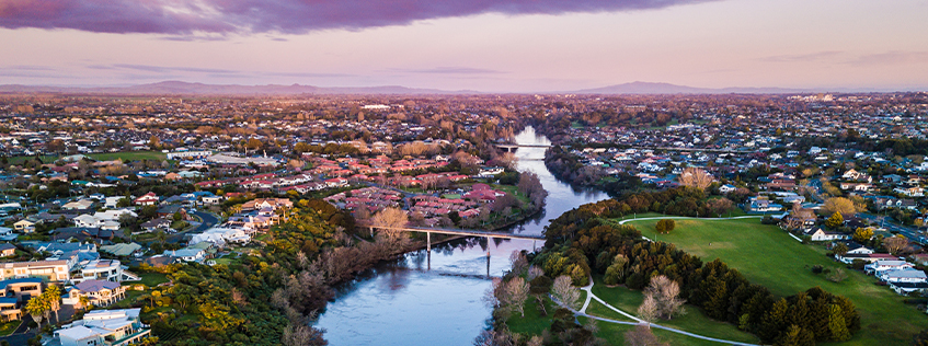 Aerial image of the Waikato River in Hamilton