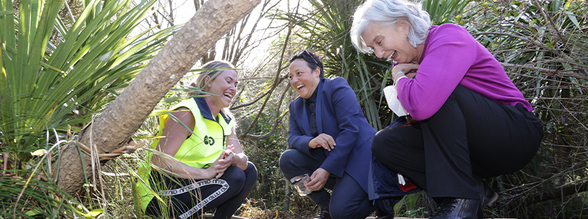 Image by Peter Drury, courtesy Department of Conservation. Image of Mayor Paula Southgate and Minister for Conservation Hon Kiri Allan at Mangaiti Gully