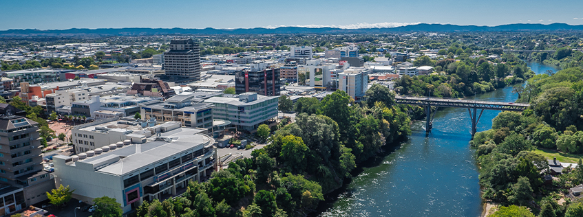 Aerial image of the Hamilton CBD and Waikato River